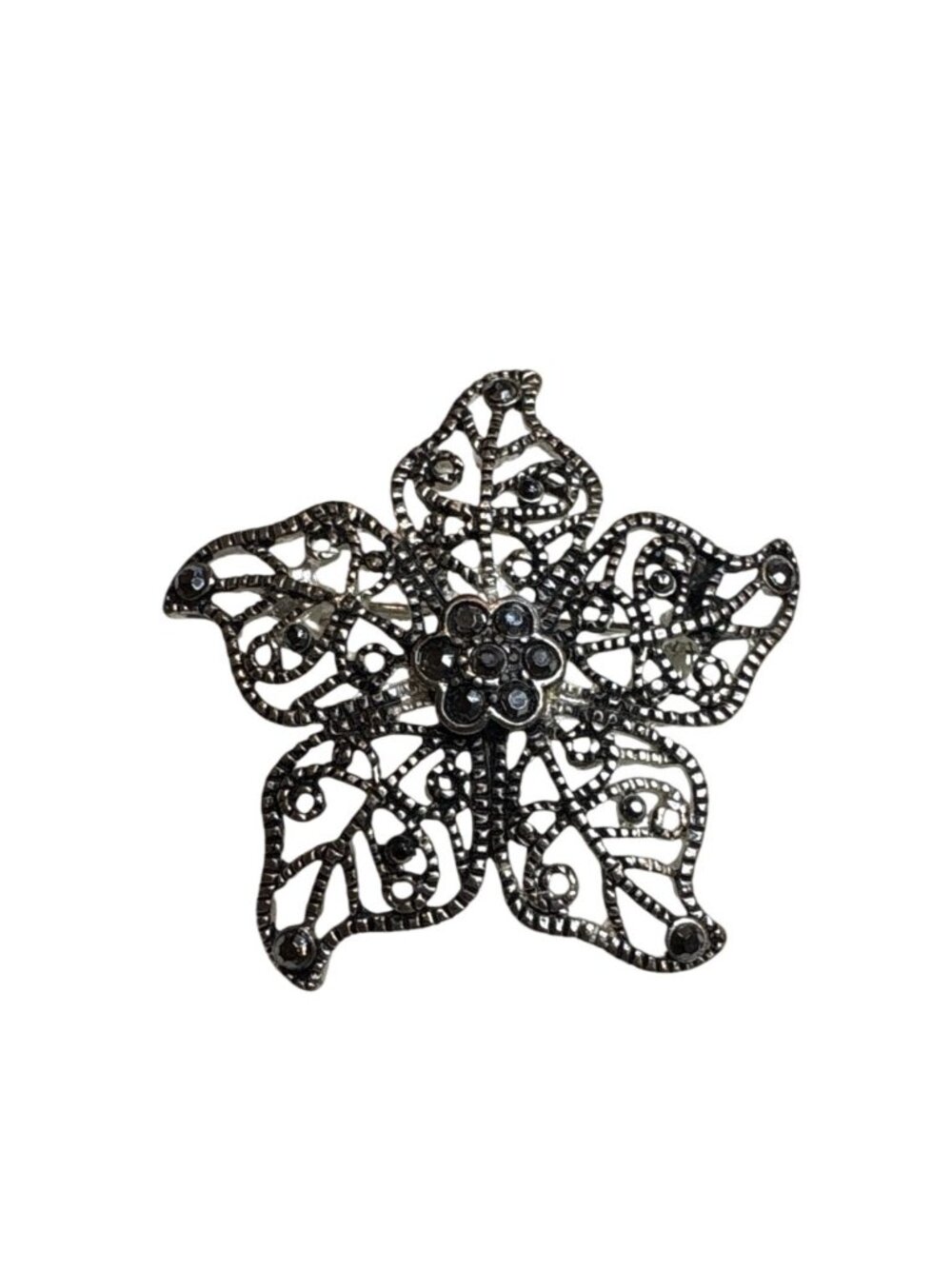 Vintage Silver-Tone Filigree Flower Brooch with Black Stones Elegant Design